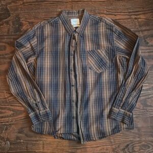 Retro Style Billy Reid Blue and Brown Casual Button Down Shirt